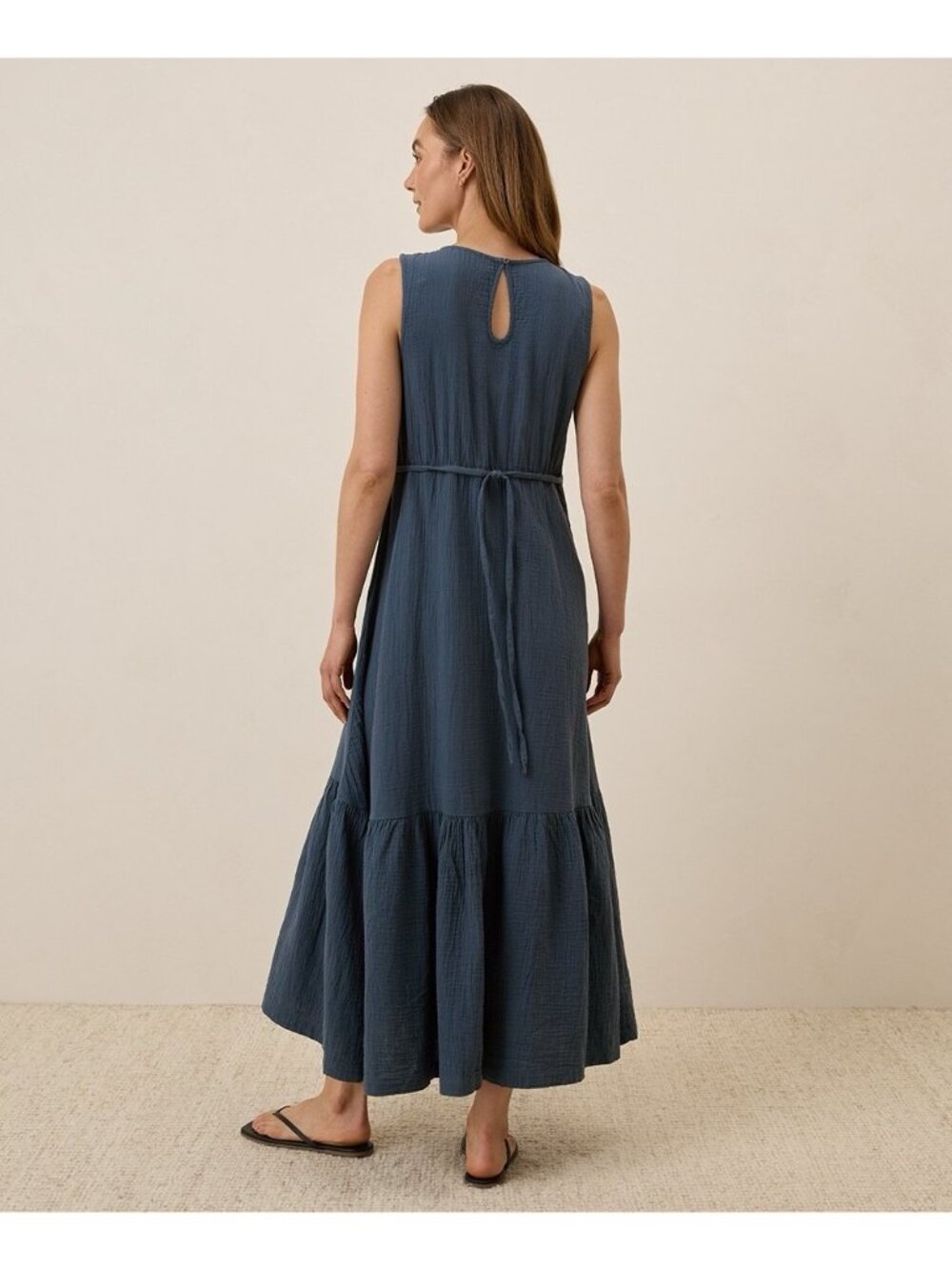 Pact Navy Double Gauze Cotton Tie Tiered Maxi Sundress Beachy Coastal Relax XXL - Picture 2 of 11